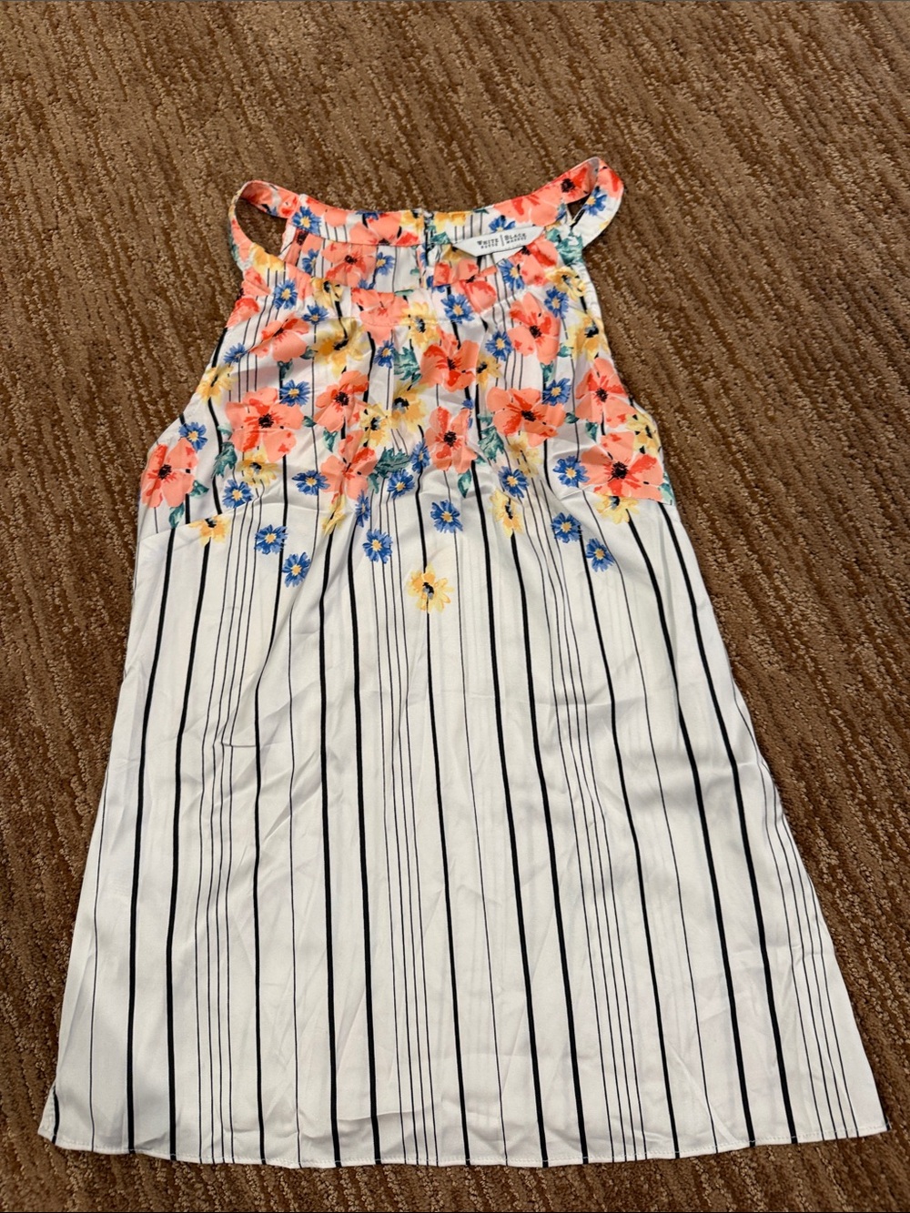 White House Black Market White Floral Halter Dress with Black Stripes